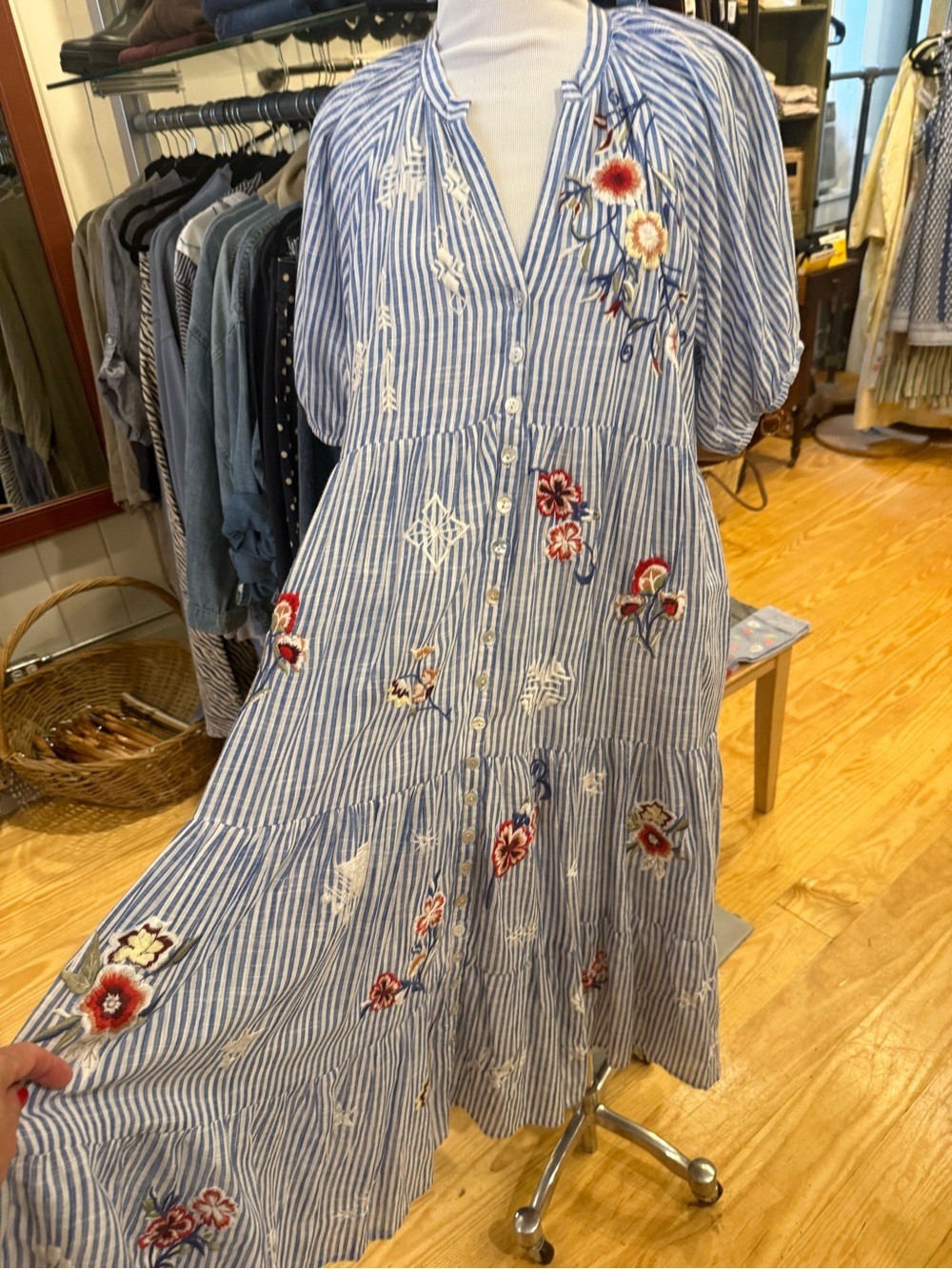 Kyla Seo Blue Striped Embroidered Maxi Dress - Puff Sleeve - Picture 9 of 11